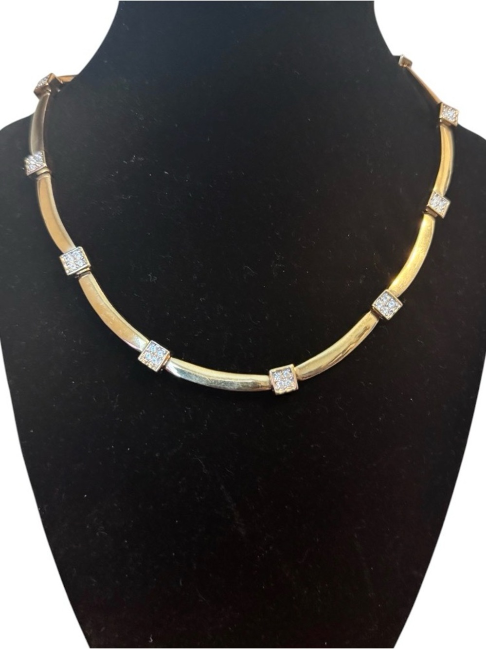 Gold Tone Collar Necklace Cubic Zirconia Station Choker 17” Modern Statement